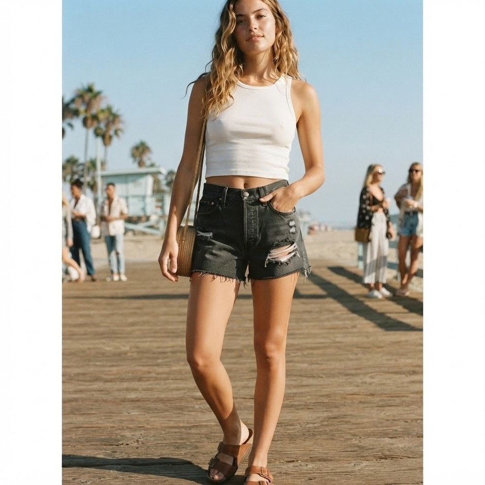 PacSun Women's Size 25 Ultra Rise Vintage Distressed Denim Shorts Black Cotton
